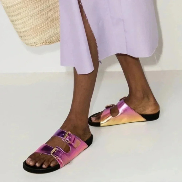 New Isabel Marant Lennyo Leather Slide Sandals Buckle Metallic Pink Sunset - Picture 1 of 15